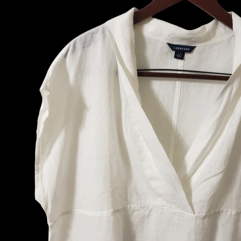 Lands End White 100% Linen V-Neck Tunic Coverup Top Womens Large 14-16 - Picture 2 of 11